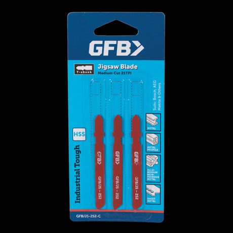 GFB 21tpi Large Jigsaw Blade set for precise metal cutting, ideal for tradespeople and DIY enthusiasts.