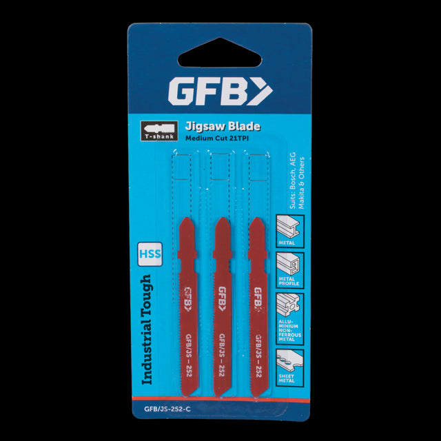 GFB 21tpi Large Jigsaw Blade set for precise metal cutting, ideal for tradespeople and DIY enthusiasts.