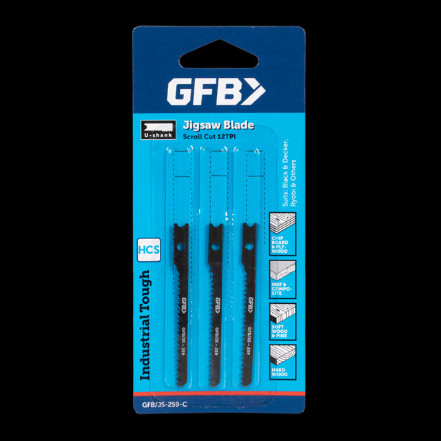 GFB 12tpi Scrollcut Jigsaw blades, 3-piece set for precise cutting in wood, plastic, and softer metals.