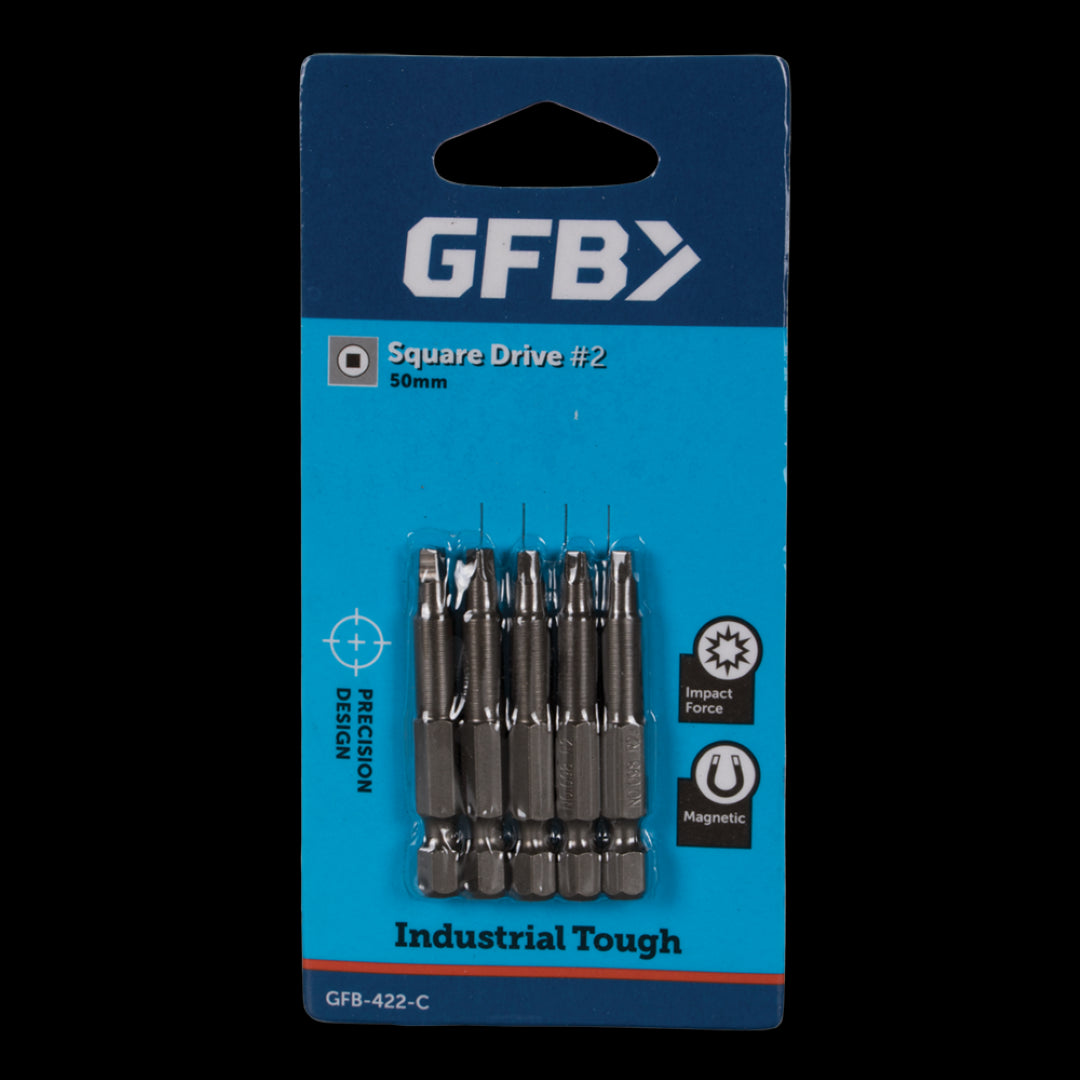 GFB No.2 Square Bit Pack with 5 durable 50mm bits for precision and longevity in various construction tasks.