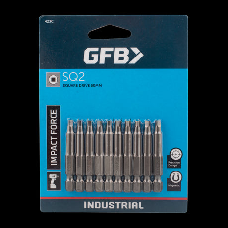 GFB No.2 Square Bit 50mm, 10-pack, durable, high-performance bits for precision fastening in various projects.