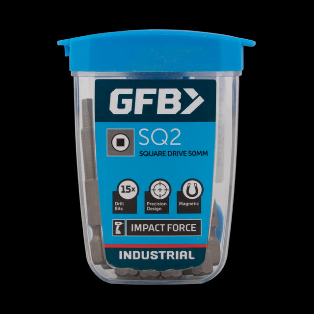 GFB No.2 Square Bit 50mm, 15-pack; durable, precision fastening for various screws, ideal for professionals and DIYers.