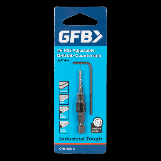 GFB No.6 Countersink & Drill Bit designed for precise drilling and flushing screws in wood, metal, and plastic projects.