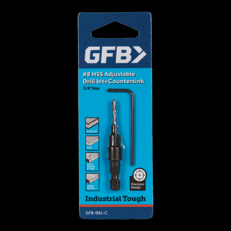 GFB No.8 Countersink & Drill Bit for precision drilling, ideal for wood, metal, and plastic with flush screw finishing.