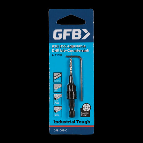 GFB No.10 Countersink & Drill Bit for precise countersinking in wood and metal, featuring a durable 1/4-inch hex shank.