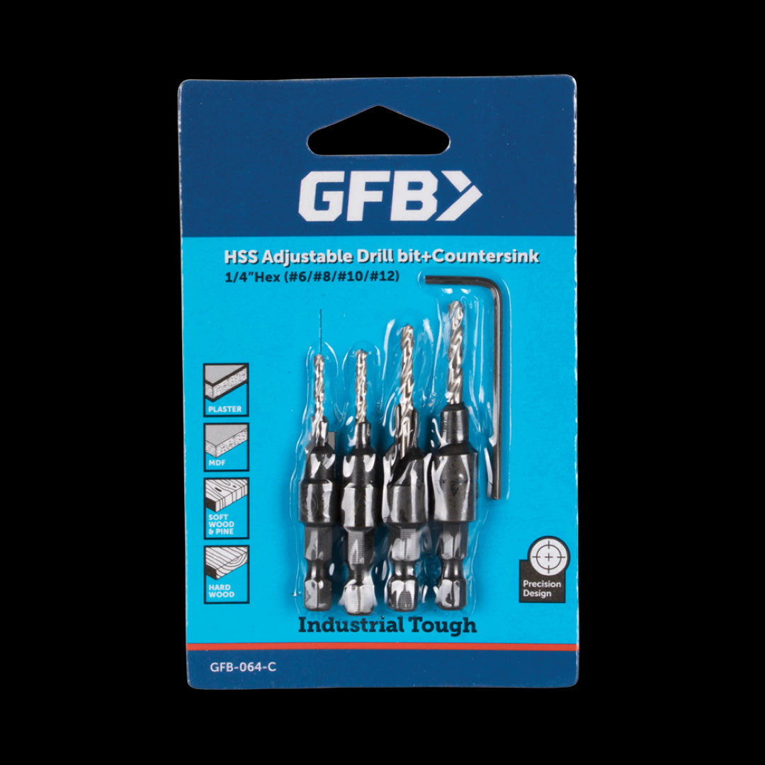 GFB No.6 - No.12 Countersink Bit Set includes 4 steel bits for precise, flush screw fastening in woodworking and metalworking.