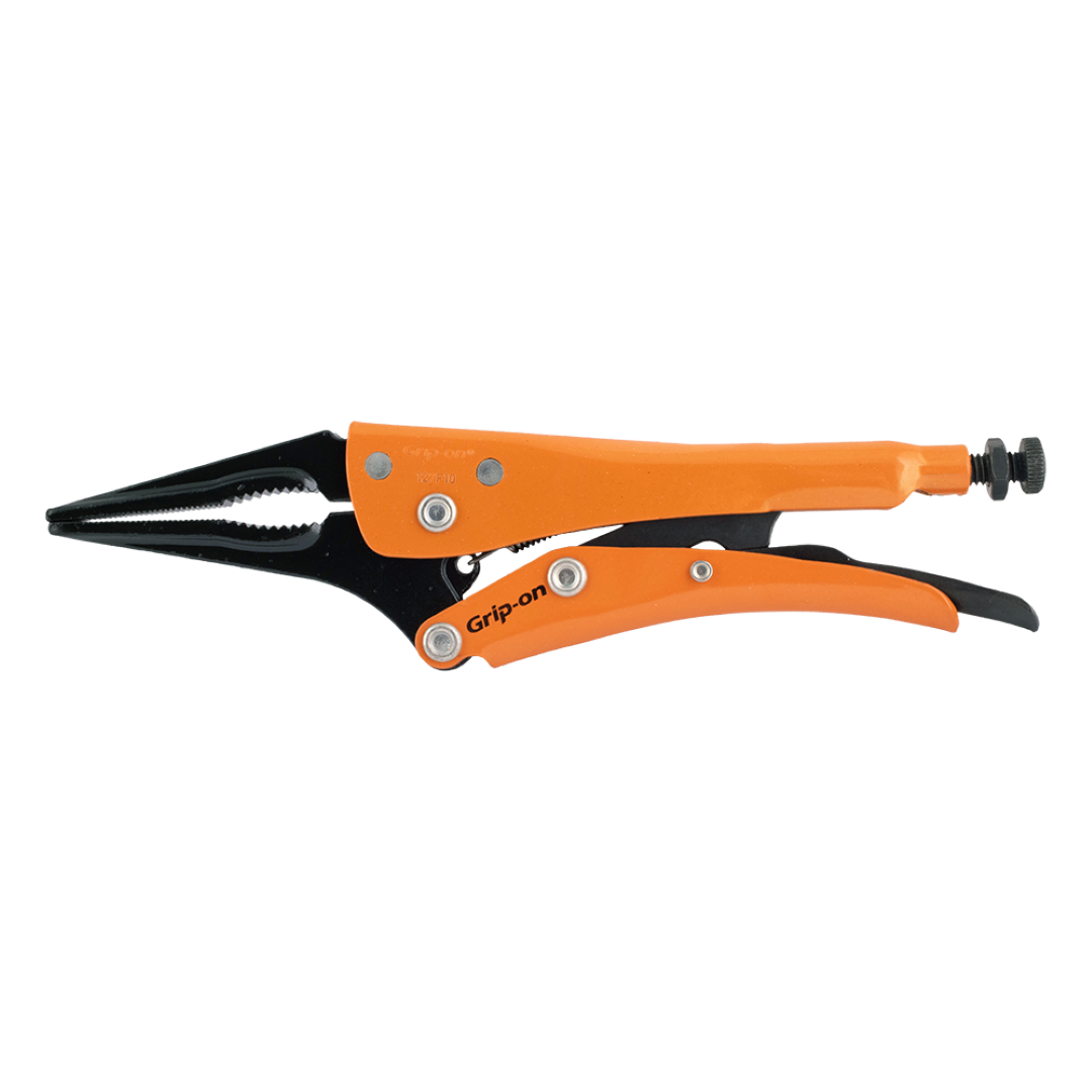 GRIP-ON 230mm Long Nose Locking Plier with slim jaws, curved grip, adjustable opening, and ergonomic design for precision work.