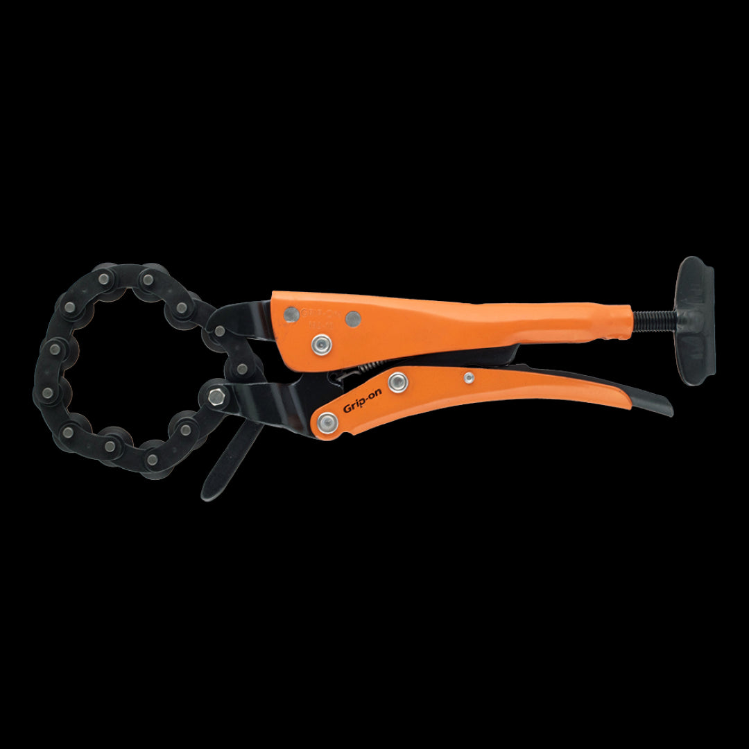 GRIP-ON 250mm Chain Pipe Cutter with ergonomic handle, cutting through steel, copper, and PVC for precise, clean cuts.