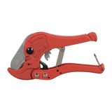 STANWAY PVC Pipe Cutter, cuts pipes 6mm-42mm, features heat-treated blade, ratchet mechanism, and safety lock.