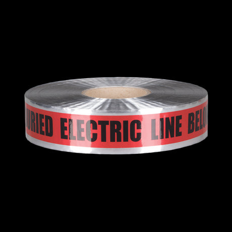 Bright red warning tape with black caution text for marking buried electric lines, 333m long and 50mm wide.