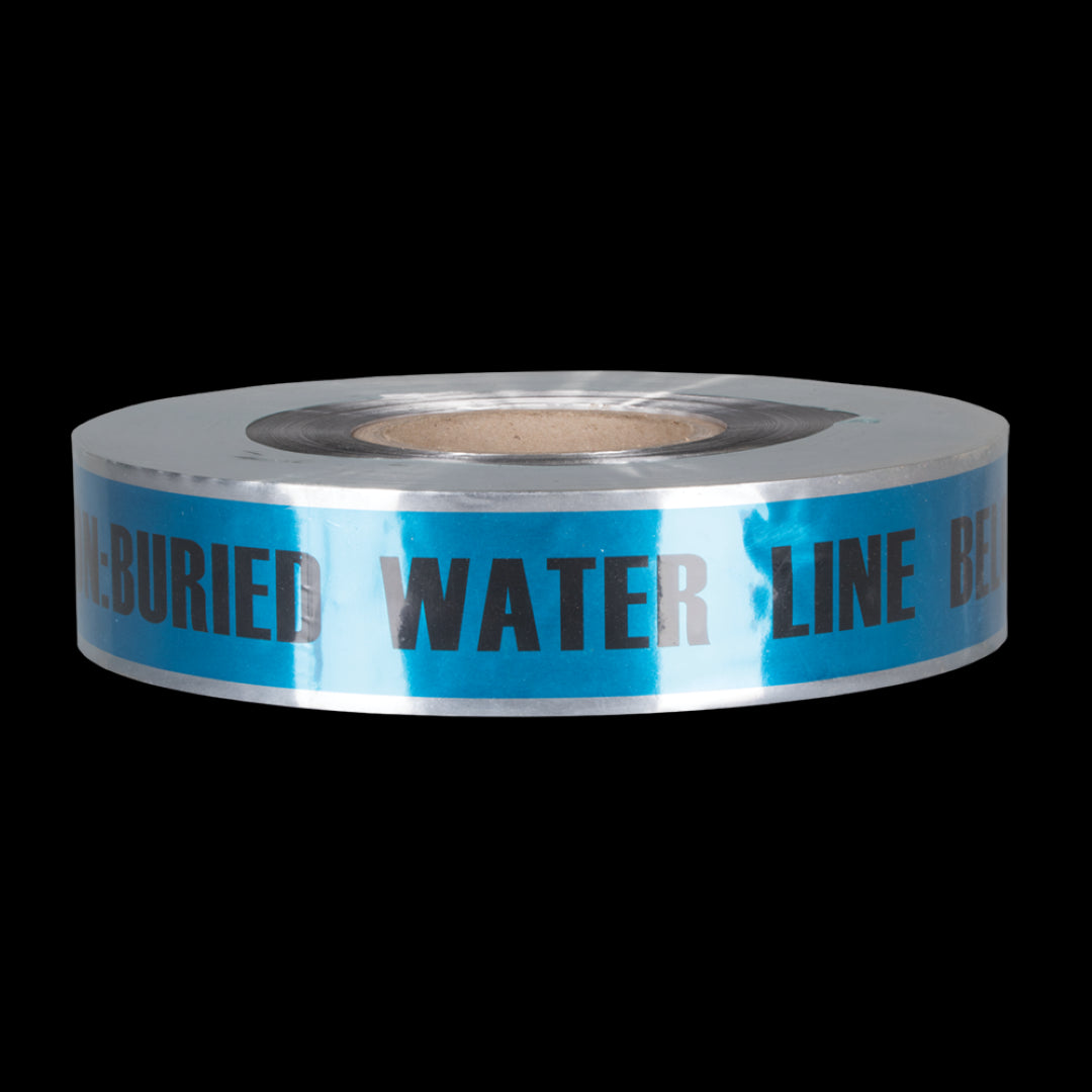 High-visibility blue warning tape for marking buried water lines, 333m long and 50mm wide, ideal for excavation safety.