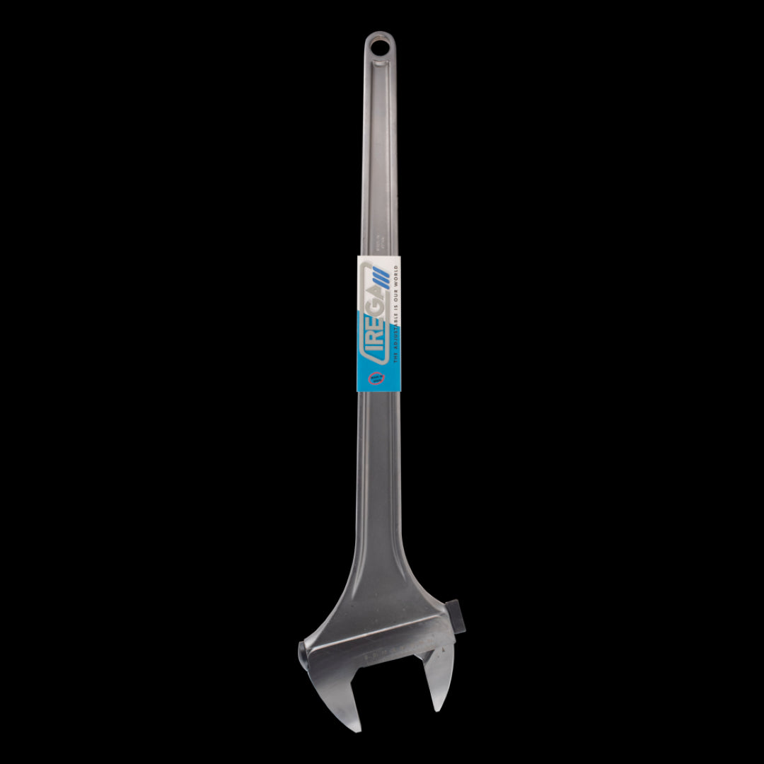 IREGA Heavy Duty Adjustable Wrench, 750mm long, 78mm jaw capacity, chrome vanadium steel, ergonomic design for industrial use.