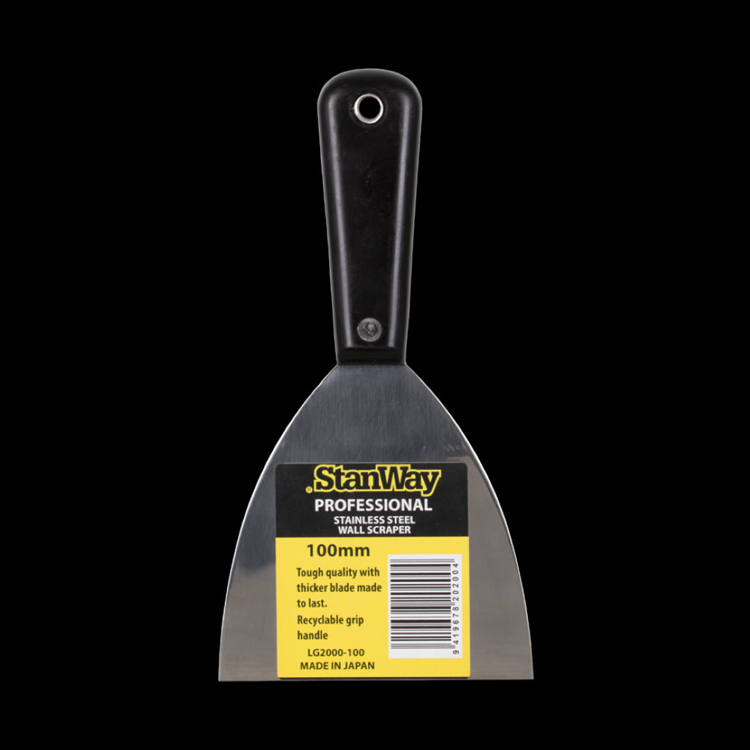 STANWAY 100mm Wall Scraper with stainless steel blade, ergonomic handle, ideal for smoothing, stripping, and wallpaper removal.