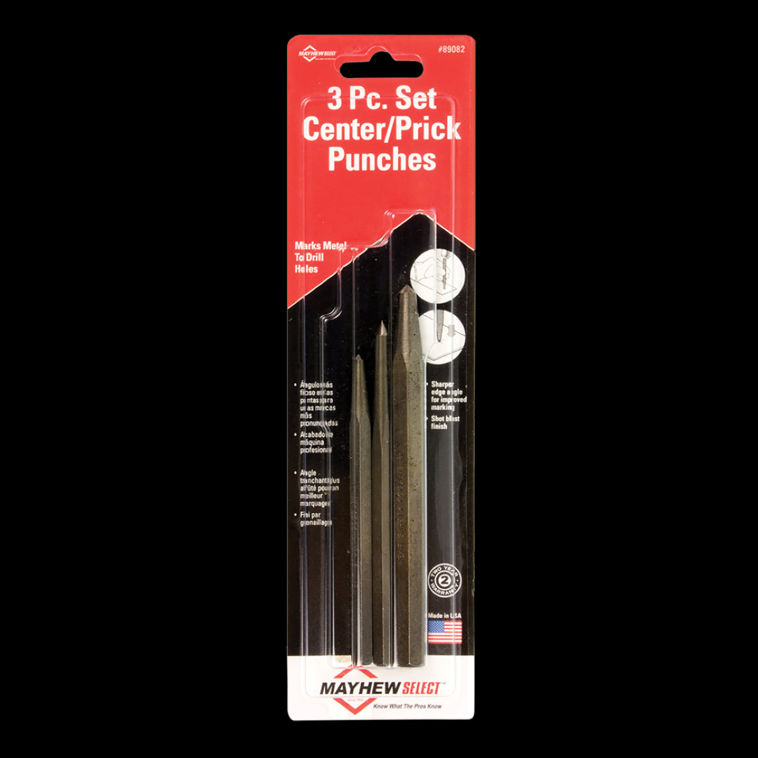 MAYHEW 3pc Center/Prick Punch Set for precise marking on metal, wood, and plastic with enhanced grip design.