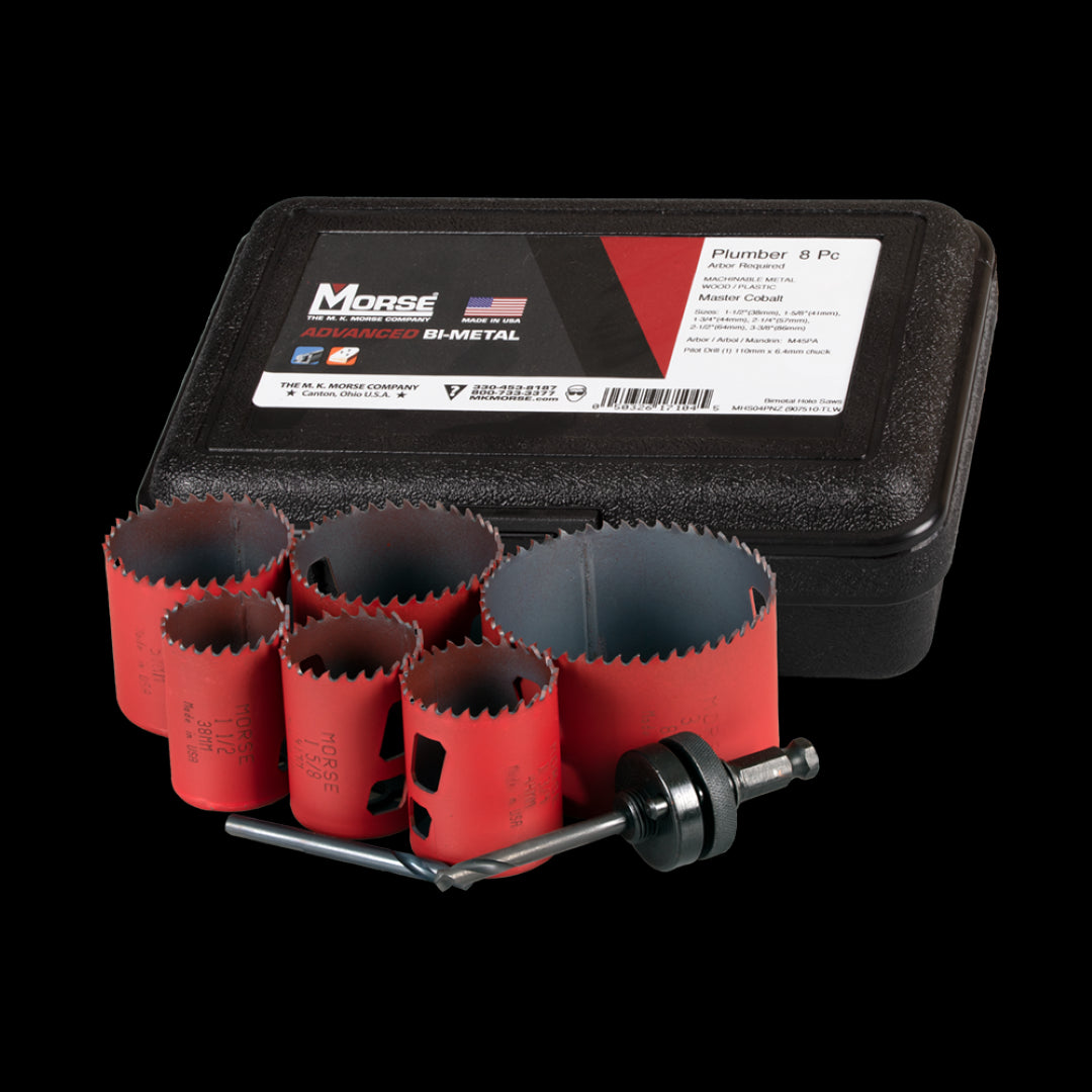 MORSE 8pc Plumbers Holesaw Set, ideal for cutting wood, metals, and plastics, featuring high-speed steel and efficient design.