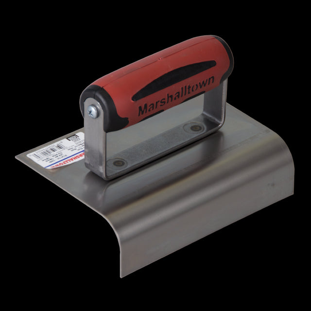 MARSHALLTOWN Stainless Outside Curb Tool with ergonomic wooden handle for precise concrete finishing and durable stainless steel construction.