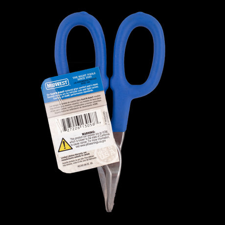 MIDWEST Duckbill Tinner Snip with blue handles, designed for precise cutting of metal and tight curves, 177.8mm long.