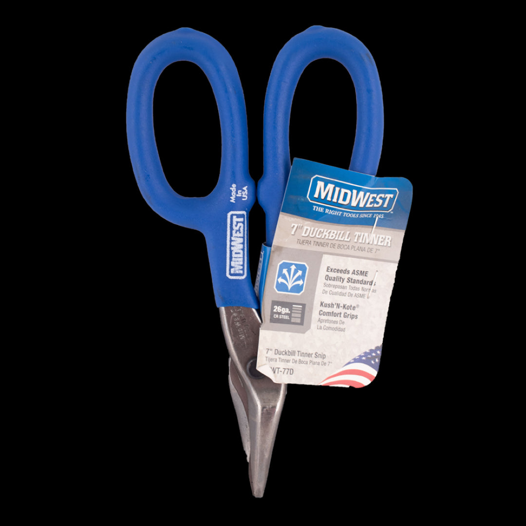 MIDWEST Duckbill Tinner Snip with ergonomic blue handles, designed for precise cuts in metal and HVAC applications.