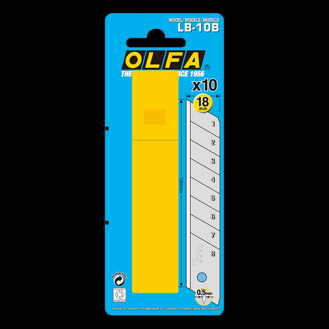 OLFA 18mm snap-off blades in a 10 pack, ultra-sharp and durable for precise cutting in various applications.