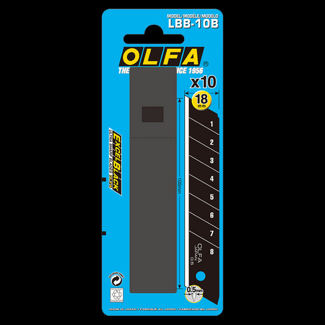 OLFA 18mm heavy-duty black snap-off blades in a 10-pack, ideal for precision cutting in various applications.