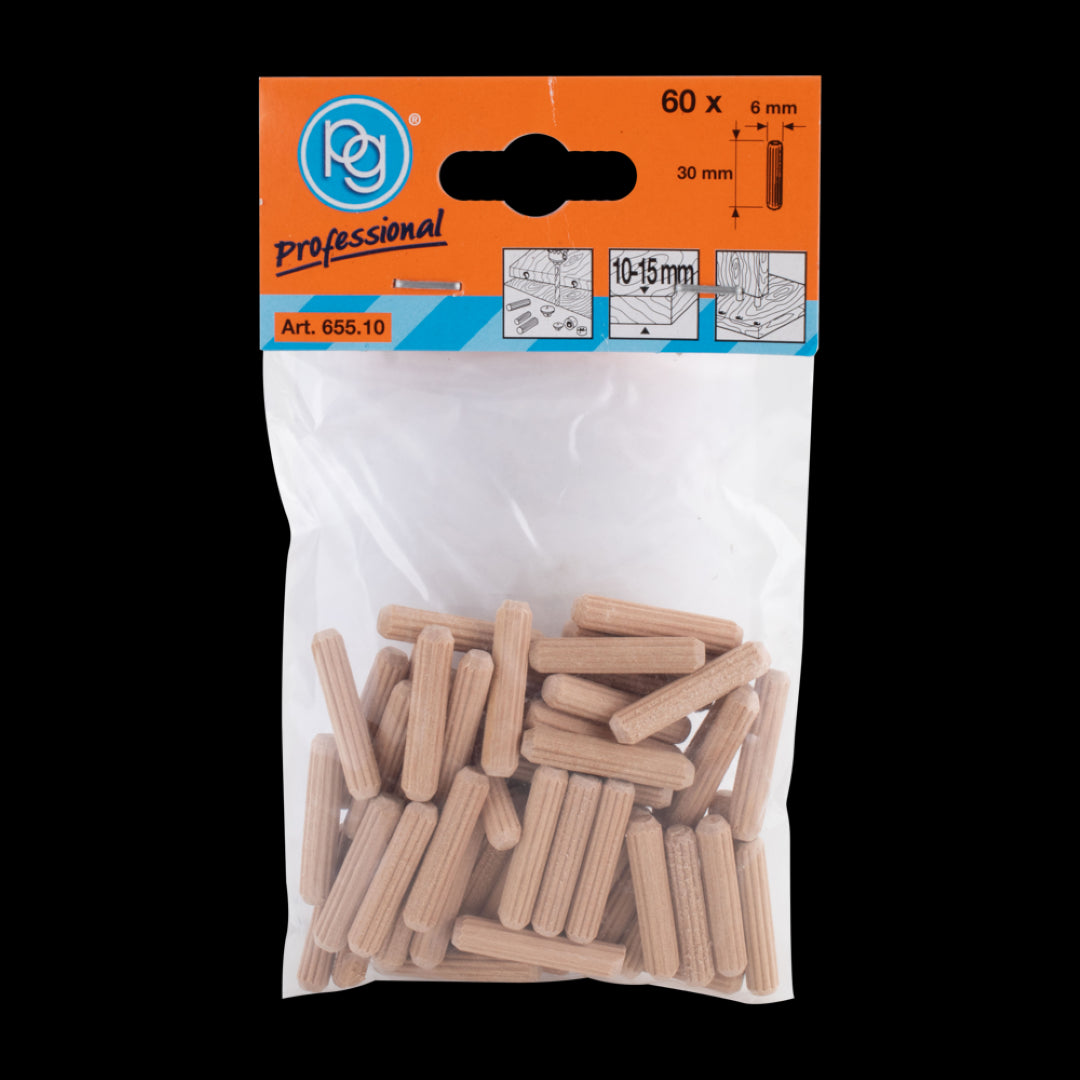 PG PROFESSIONAL 6mm Fluted Wooden Dowels in a 60-pack, crafted from sturdy beech wood for strong joints in woodworking projects.