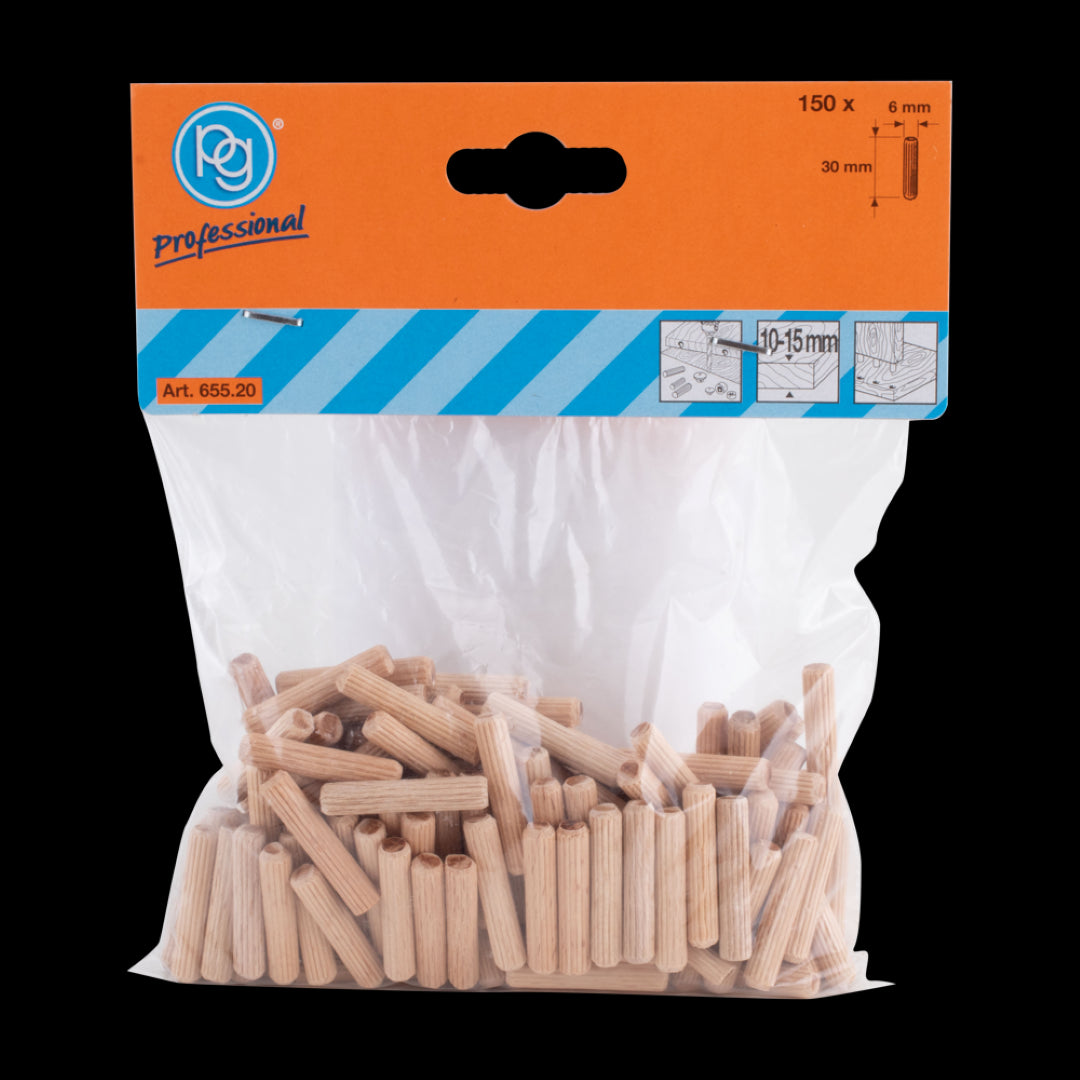 PG PROFESSIONAL 6mm Fluted Wooden Dowels in a 150 pack, ideal for strong, durable woodworking joints and projects.