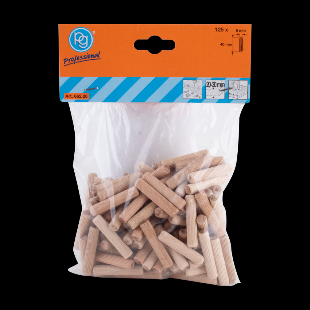 PG PROFESSIONAL 8mm Fluted Wooden Dowels - 125 Pack