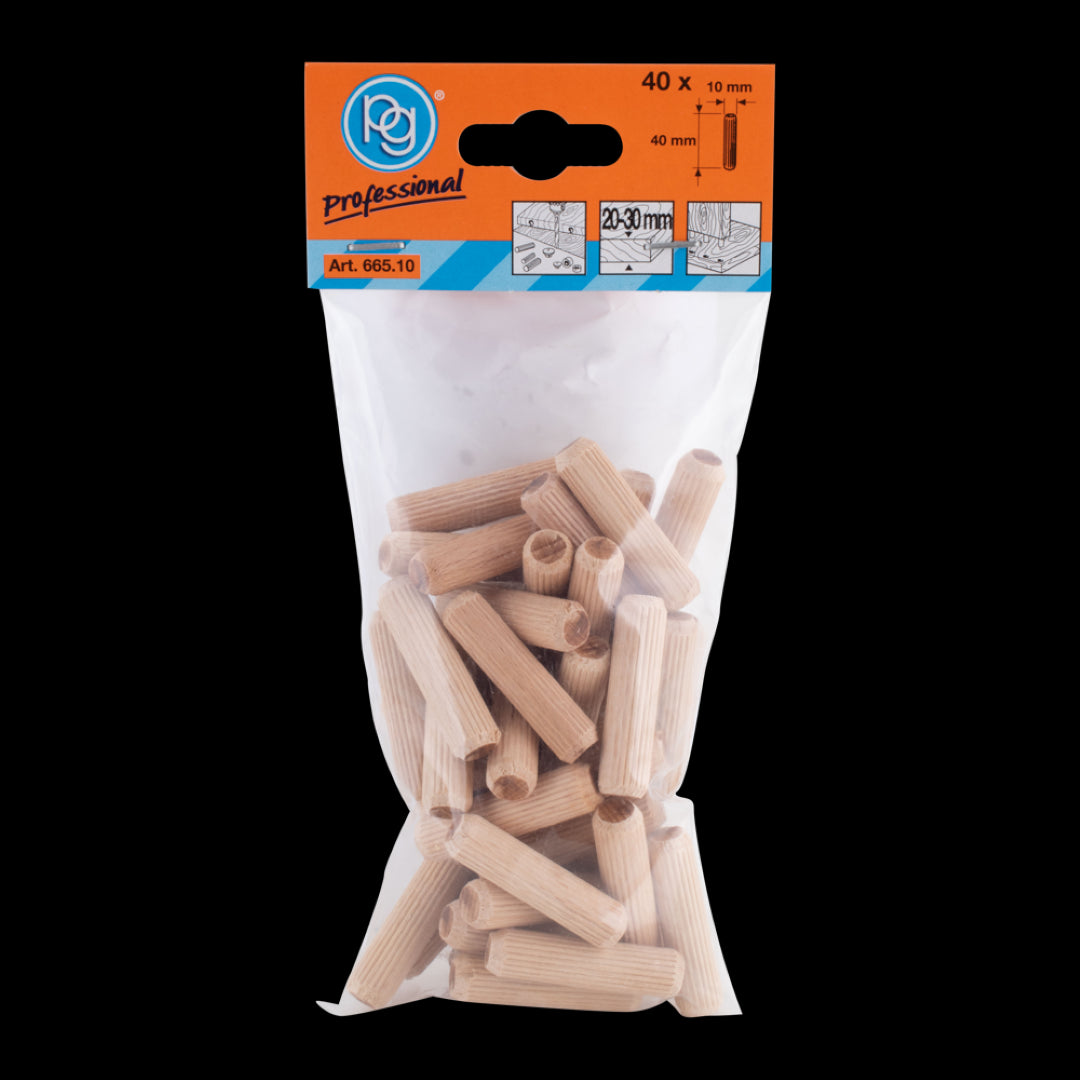 PG PROFESSIONAL 10mm Fluted Wooden Dowels - 40 Pack