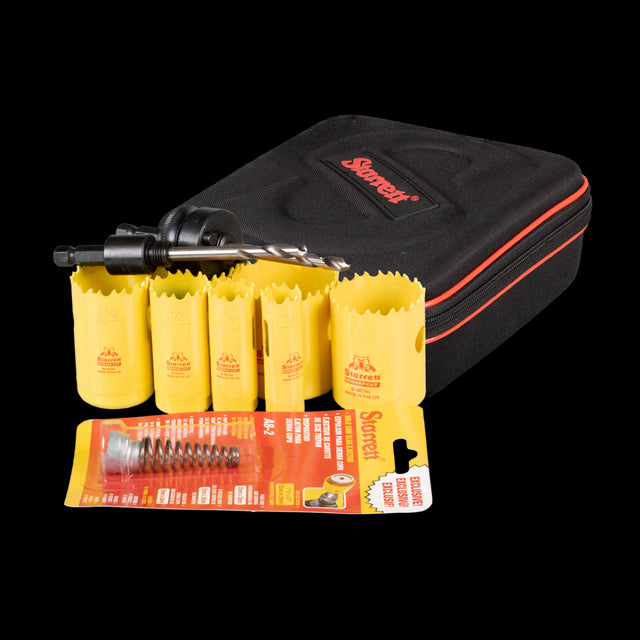 STARRETT Plumbers Holesaw Set, featuring high-speed steel teeth for precise cutting through wood, metal, and steel.