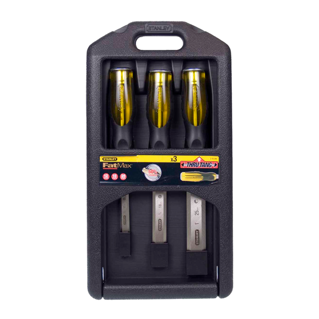 STANLEY Dyna Grip Chisel Set - 3 high-quality chisels with ergonomic handles for precision woodworking tasks.