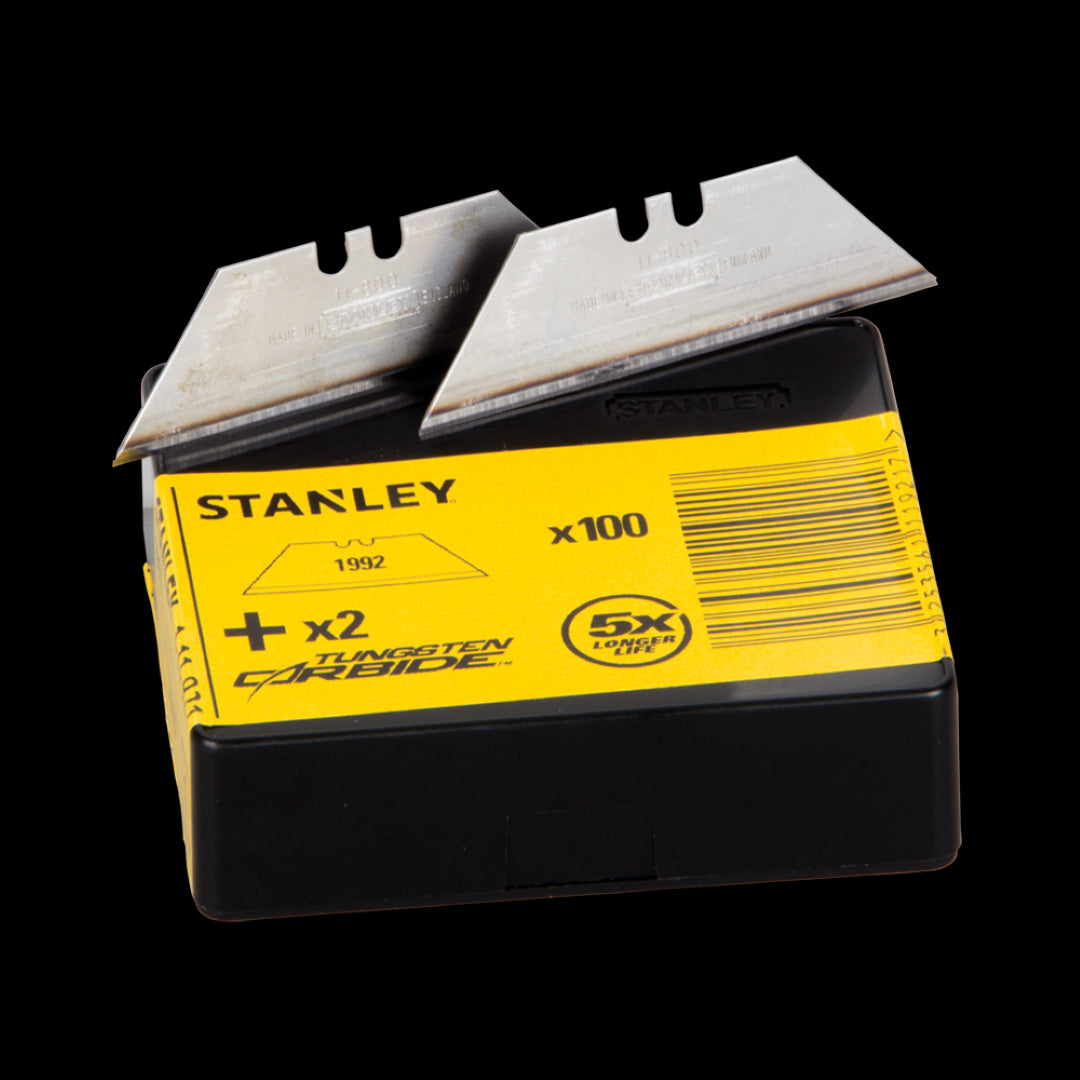 STANLEY Heavy Duty Knife Blades - 100 pack for precision cutting through tough materials like carpet and cardboard.