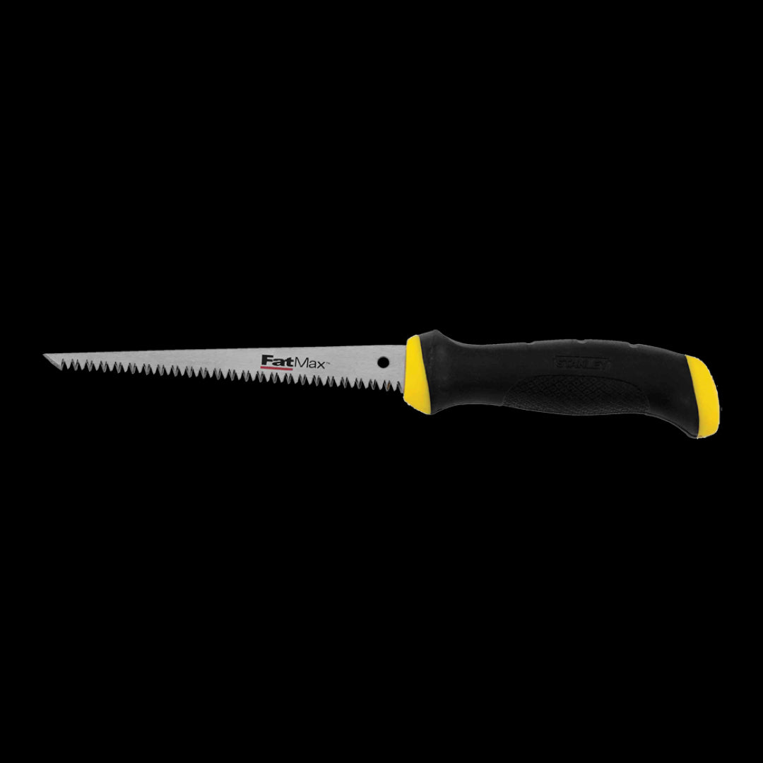 STANLEY 152mm Fatmax Jabsaw with sharp blade for clean cuts in drywall, featuring an ergonomic handle for comfort and control.