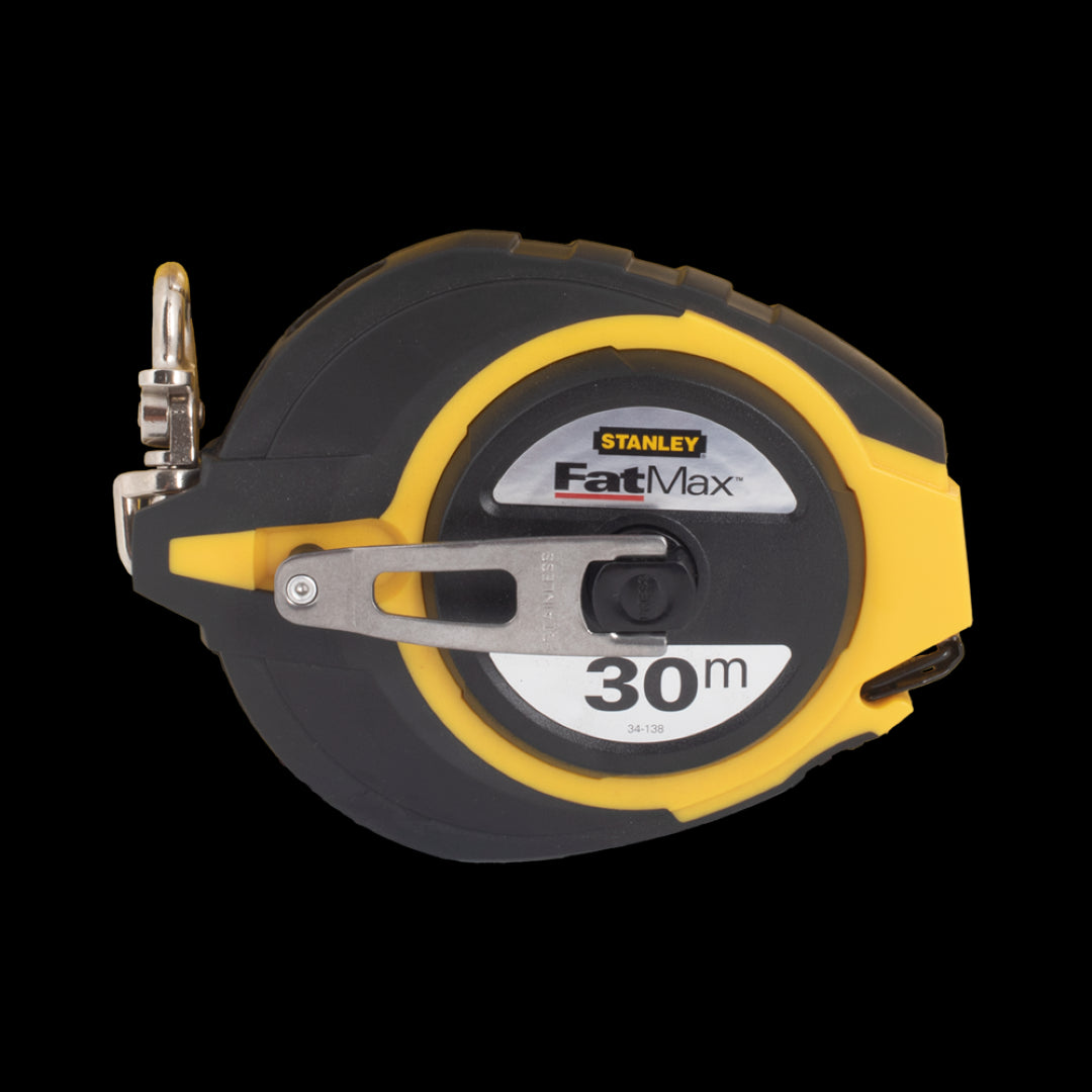 STANLEY 30m Fatmax Long Steel Tape measures large distances with a durable steel blade and ergonomic design for precise, efficient use.