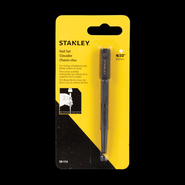 STANLEY 4/32" Steel Nail Set designed for precise nail setting in woodworking, with durable, non-rolling square head.