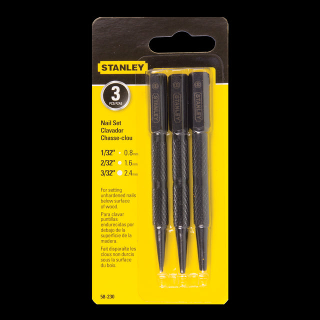 Three STANLEY nail sets in a compact pack, designed for driving nail heads flush in woodworking projects.