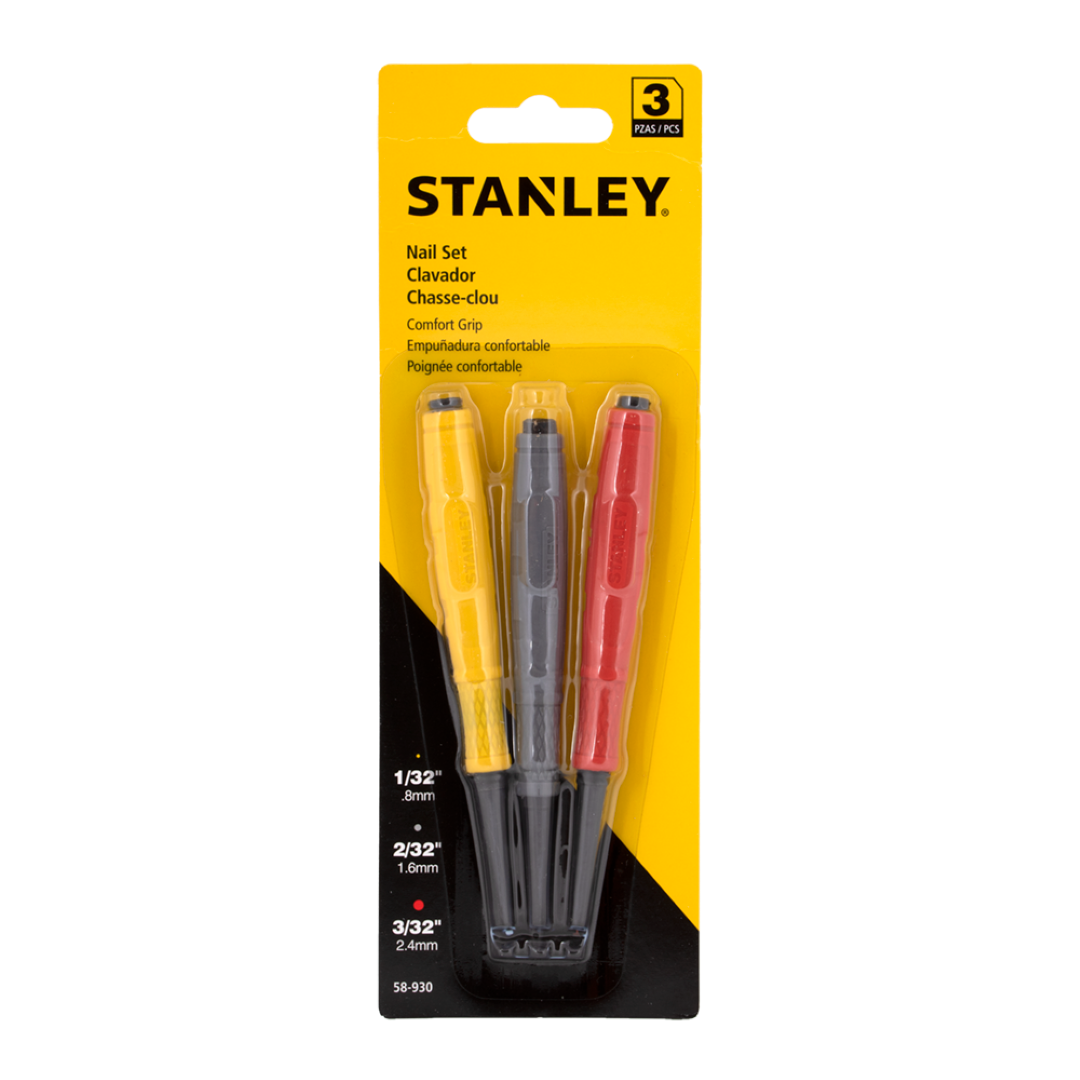 STANLEY Dynagrip Nail Set 3pc, featuring ergonomic nail punches for precise nail setting in woodworking projects.