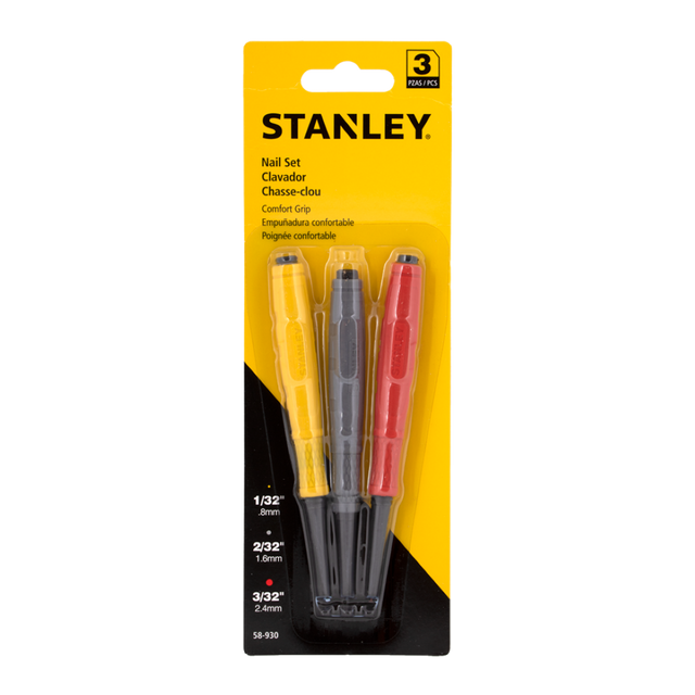 STANLEY Dynagrip Nail Set 3pc, featuring ergonomic nail punches for precise nail setting in woodworking projects.