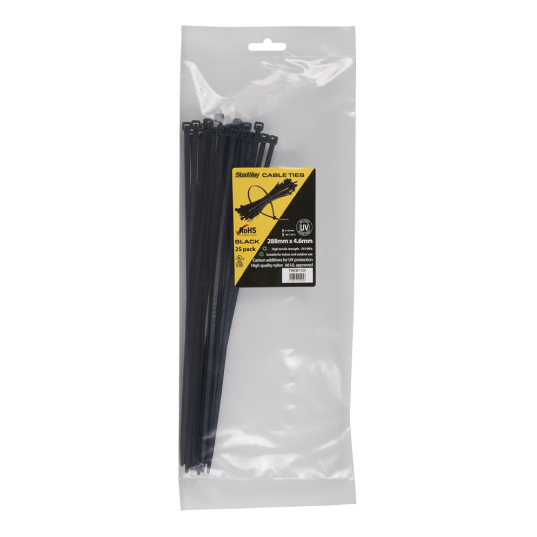 STANWAY UV Black Cable Tie (288mm x 4.6mm) - 25 Pack
