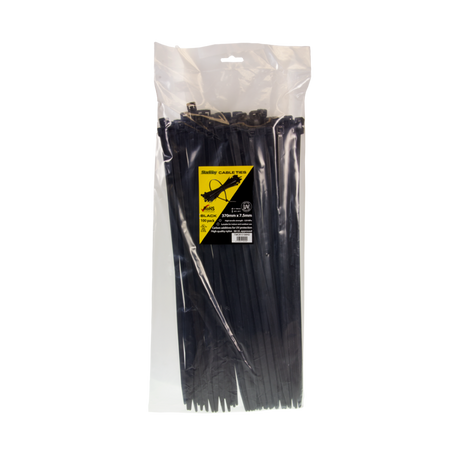 STANWAY heavy-duty UV black cable ties, 370mm x 7.5mm, 100-pack, ideal for organizing cables and tools indoors/outdoors.