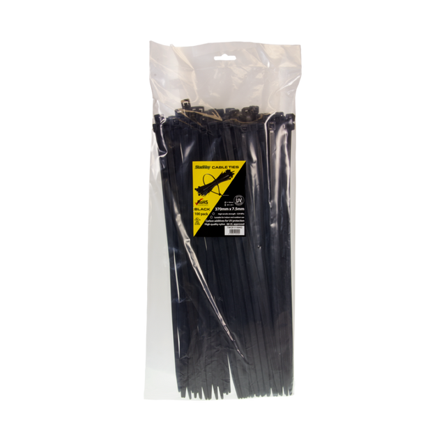 STANWAY heavy-duty UV black cable ties, 370mm x 7.5mm, 100-pack, ideal for organizing cables and tools indoors/outdoors.