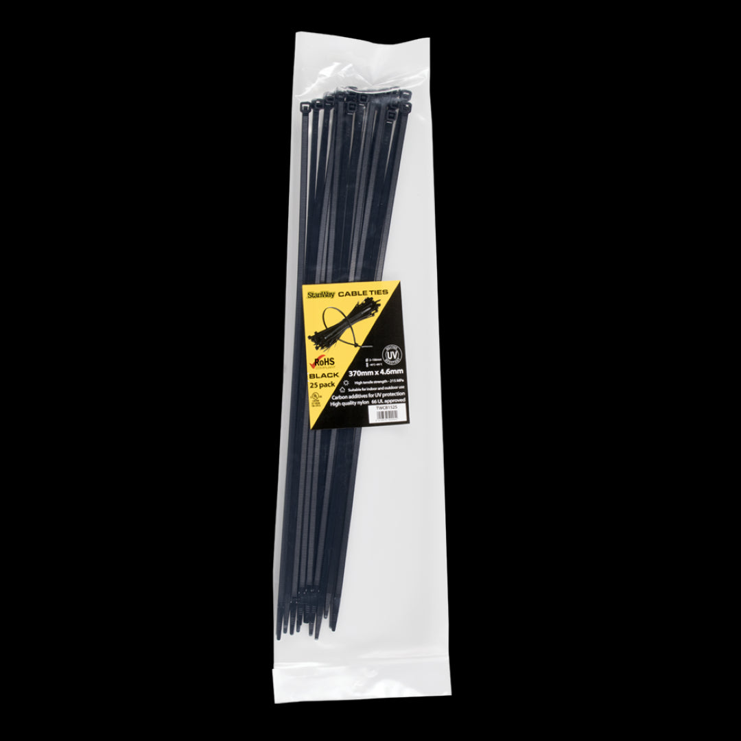 Durable STANWAY UV Black Cable Ties (370mm) in a 25 pack for versatile indoor and outdoor organizing, with strong UV protection.