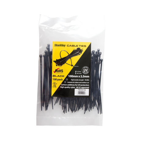 STANWAY UV Black Cable Tie 100mm x 2.5mm in a 100-pack, ideal for securing cables and organizing items indoors and outdoors.