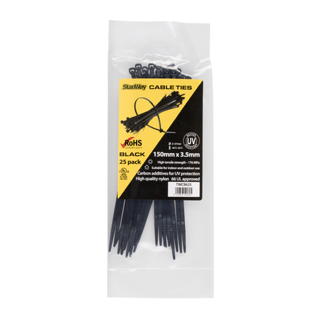 Durable STANWAY UV Black Cable Ties (150mm) in a 25-pack, ideal for organizing cables indoors and outdoors.