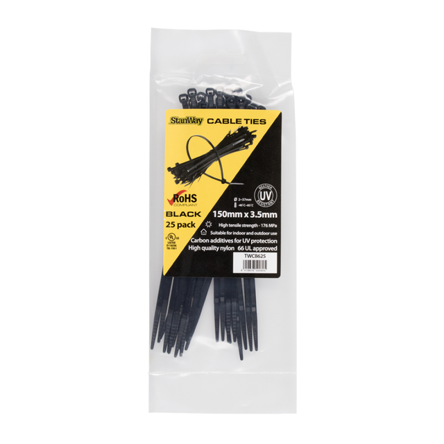 Durable STANWAY UV Black Cable Ties (150mm) in a 25-pack, ideal for organizing cables indoors and outdoors.