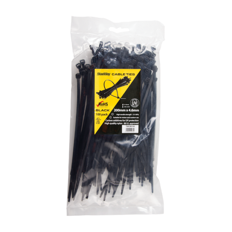 Durable STANWAY UV Black Cable Ties, 200mm x 4.6mm, 100 pack for strong, outdoor cable management and organization.