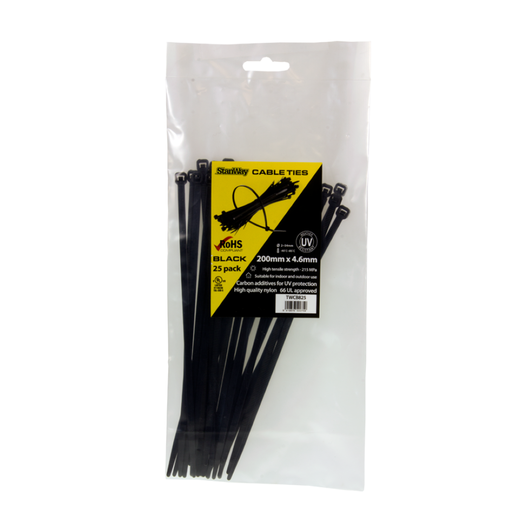 STANWAY UV Black Cable Ties, 200mm x 4.6mm, 25-pack, durable for indoor/outdoor use, weather-resistant, strong and reliable.