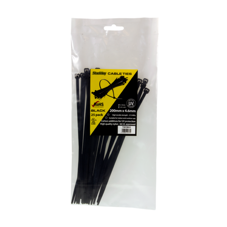 STANWAY UV Black Cable Ties, 200mm x 4.6mm, 25-pack, durable for indoor/outdoor use, weather-resistant, strong and reliable.