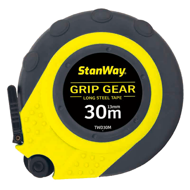 Durable STANWAY 30m Long Steel Tape with ergonomic grip and protective casing, ideal for precise measurements in tough conditions.