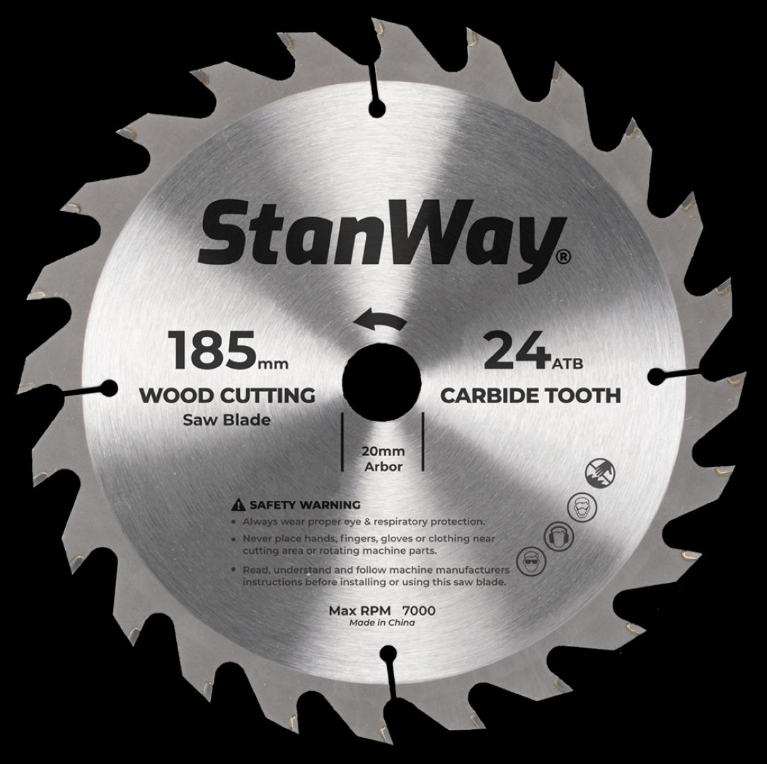 STANWAY 185mm Circular Saw Blade with tungsten carbide teeth for precise, clean cuts in various woods and materials.