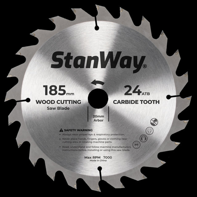 STANWAY 185mm Circular Saw Blade with tungsten carbide teeth for precise, clean cuts in various woods and materials.